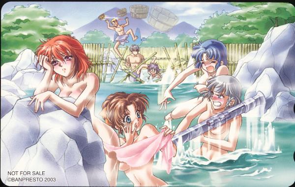 kouno sachiko, arado balanga, ibis douglas, kusuha mizuha, sanger zonvolt, seolla schweizer, tsugumi takakura, banpresto, super robot wars, super robot wars alpha, the 2nd super robot wars alpha, breast hold, looking away, silver hair, official art, scan, 3boys, 4girls, :o, against wall, angry, bamboo, barefoot, blonde hair, blood, blue eyes, blue hair, blunt bangs, blush, braid, breasts, brown hair, bucket, card (medium), censored, cleavage, clenched teeth, closed eyes, cloud, convenient censoring, covering privates, day, feet, fence, groin, gun, hair bun, hair ribbon, hand on own face, large breasts, leg lift, m1 bazooka, medium breasts, motion blur, mountain, multiple boys, multiple girls, naked towel, nature, navel, nude, onsen, open mouth, outdoors, parted bangs, pectorals, peeking, phonecard, pink eyes, purple eyes, red hair, ribbon, rock, rocket launcher, screaming, short hair, side braid, single braid, single hair bun, sky, splashing, spread legs, standing, steam, surprised, teeth, throwing, towel, tree, tripping, underboob, wading, water, weapon, wet, wince, wooden bucket