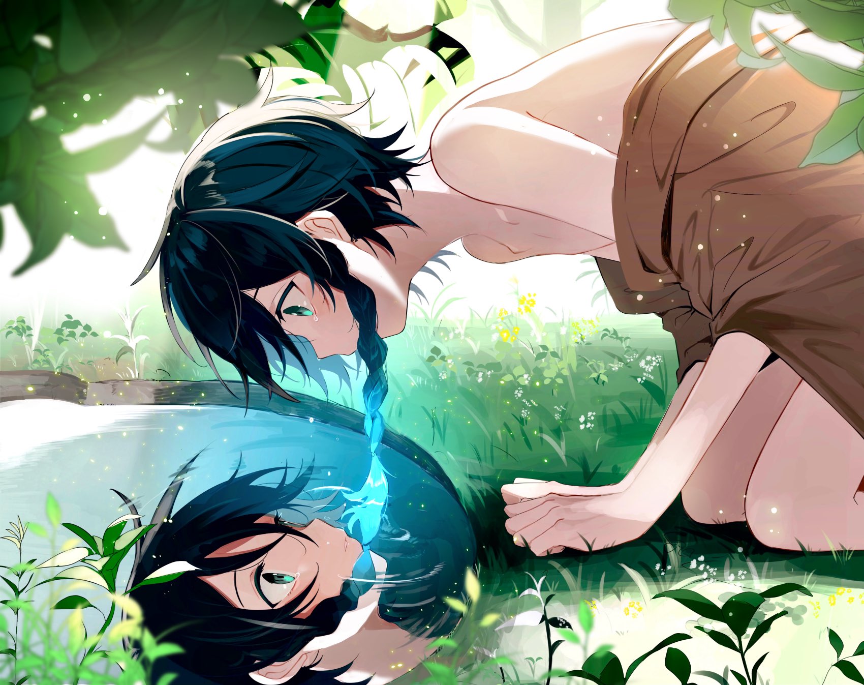 yoko (nz g), venti (genshin impact), genshin impact, commentary request, highres, revision, 1boy, androgynous, black hair, blue hair, braid, brown cloak, cloak, from side, gradient hair, grass, green eyes, leaf, looking down, male focus, monstera deliciosa, multicolored hair, open mouth, pool, reflection, reflective water, ripples, short hair with long locks, solo, twin braids, water