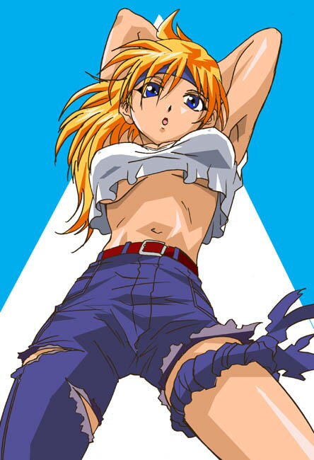 haruyama kazunori, lune zoldark, banpresto, super robot wars, super robot wars original generation, super robot wars the lord of elemental, 1girl, asymmetrical clothes, bandana, belt, blonde hair, blue eyes, breasts, cutoffs, denim, female focus, headband, jeans, pants, short hair, single pantsleg, solo, tank top, torn clothes, torn jeans, torn pants, underboob
