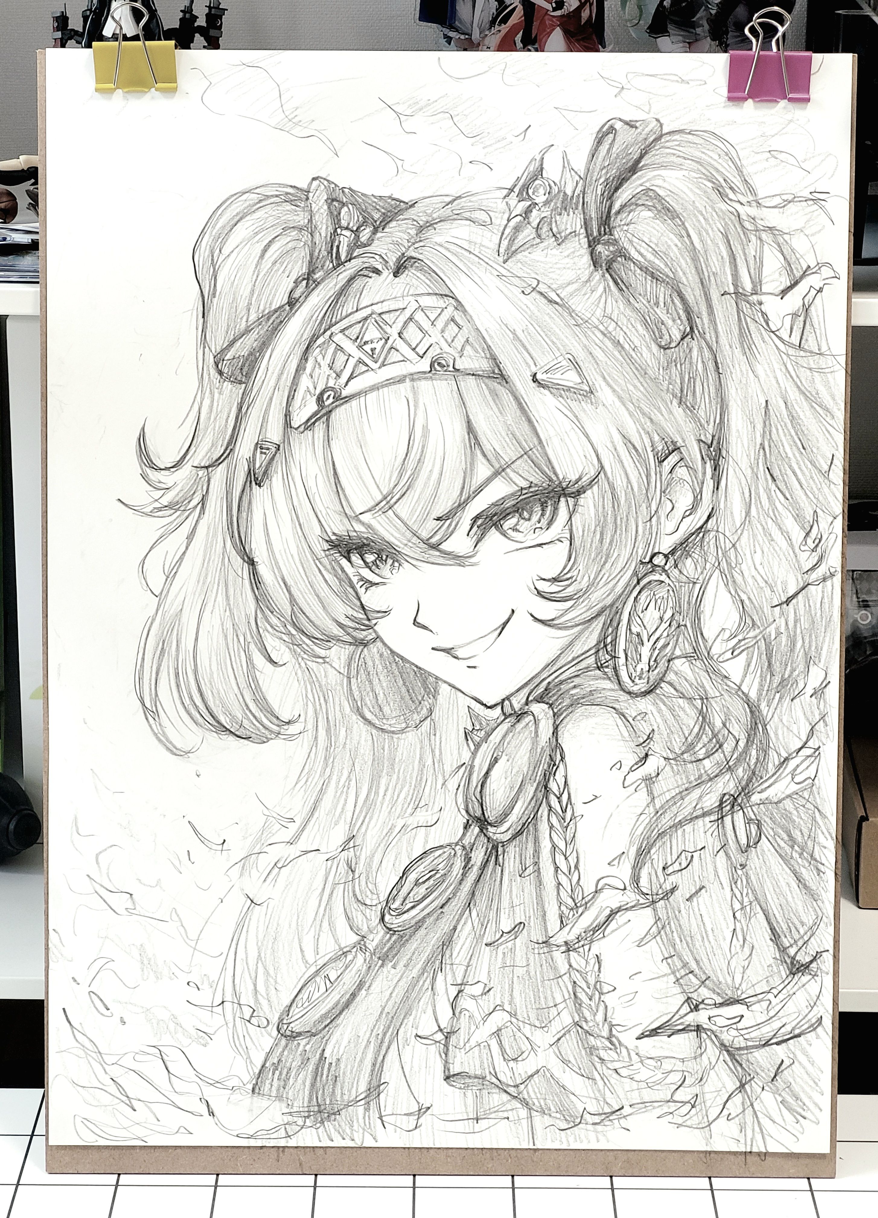 papatouch, lupa (wuthering waves), wuthering waves, absurdres, graphite (medium), highres, traditional media, 1girl, bow, earrings, from side, grin, hair between eyes, hair bow, hair ornament, headgear, jewelry, long hair, looking at viewer, looking to the side, missing commentary, multiple hair bows, smile, solo