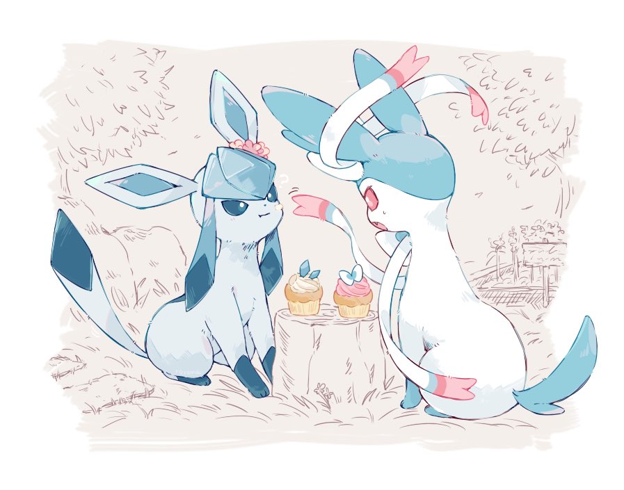 glaceon, sylveon, nintendo, pokemon, alternate color, blue eyes, closed mouth, cupcake, flower, food, gen 4 pokemon, gen 6 pokemon, log, no humans, open mouth, outdoors, pink eyes, pokemon (creature), roronavoice, shiny pokemon, sitting, sweat, tree