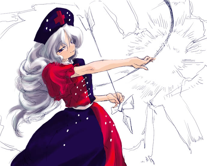 yagokoro eirin, touhou, silver hair, 1girl, arrow (projectile), blue eyes, bow (weapon), braid, female focus, hat, long hair, nurse cap, single braid, smile, solo, weapon