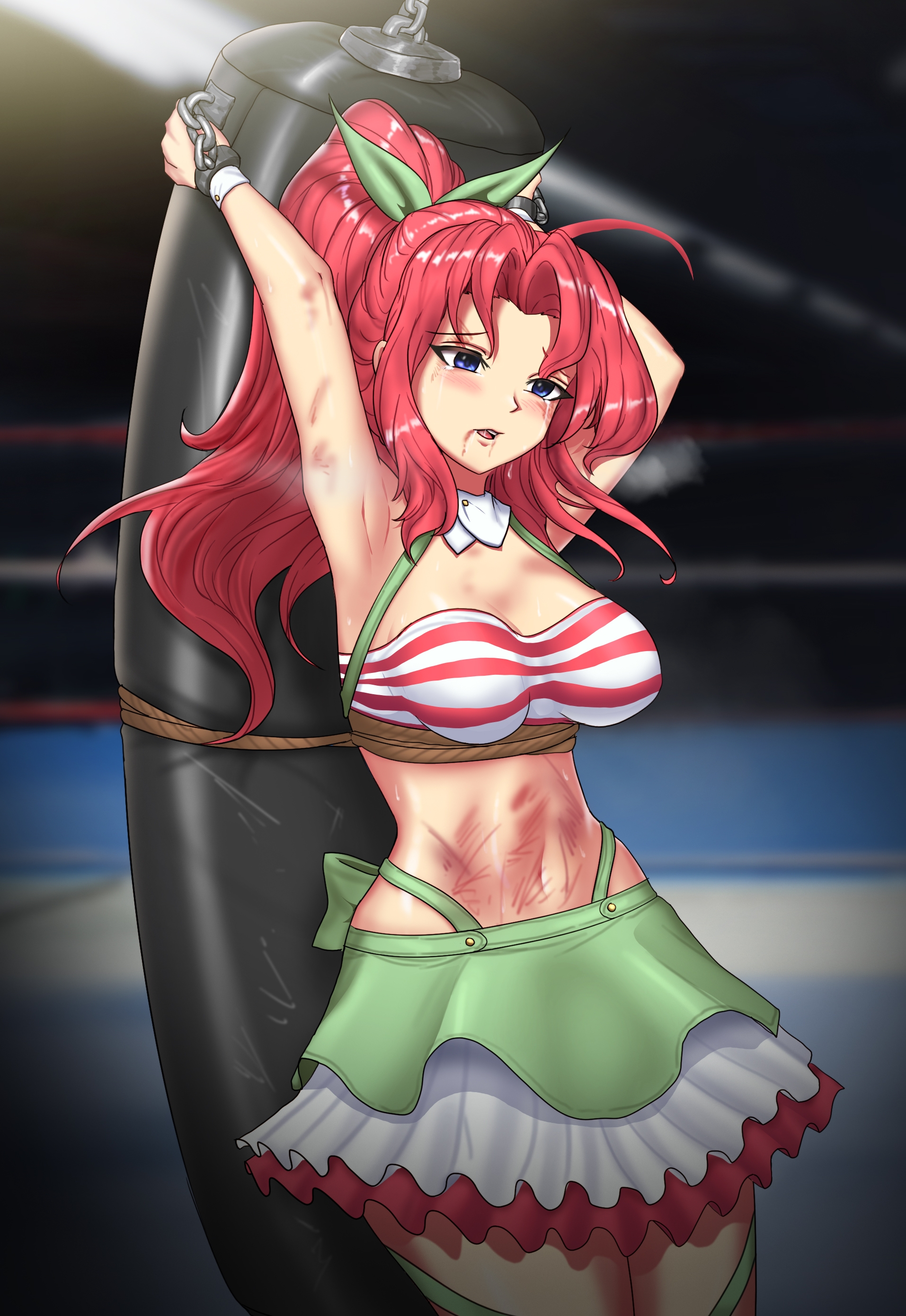 kojima satomi, wrestle angels, absurdres, highres, non-web source, 1girl, breasts, bruise, bruise on arm, bruise on stomach, hair ribbon, injury, ponytail, punching bag, red hair, ribbon, ryona, tears, wrestling ring