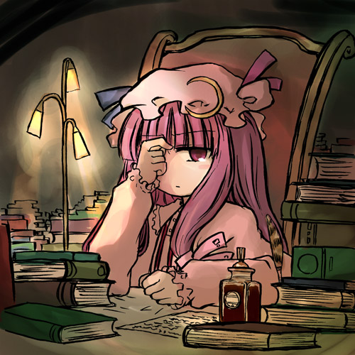 mizumoto tadashi, patchouli knowledge, touhou, lowres, 1girl, blush, book, book stack, chair, crescent, desk, expressionless, female focus, hat, lamp, library, long hair, no nose, on chair, purple eyes, purple hair, solo, voile