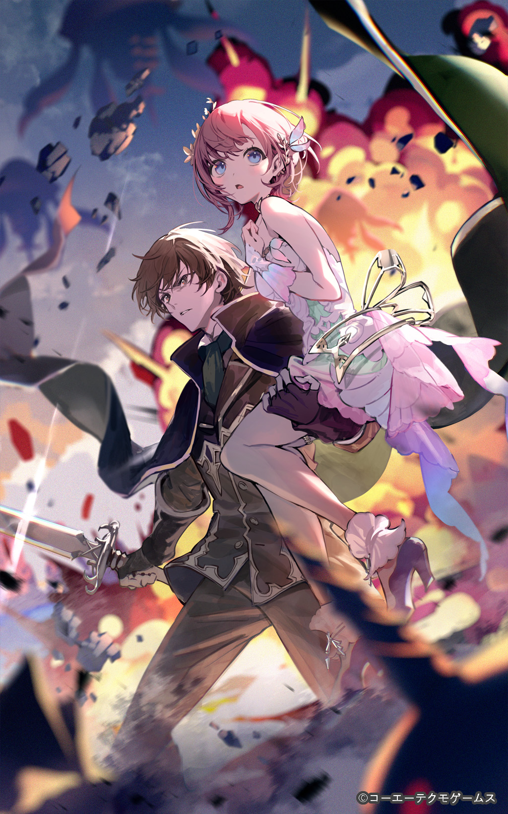 bukurote, rorolina frixell, sterkenburg cranach, atelier (series), atelier resleriana, atelier rorona, commentary request, highres, official art, second-party source, 1boy, 1girl, bare shoulders, blue eyes, blurry, blurry foreground, brown hair, brown jacket, brown pants, carrying, carrying person, cloud, copyright notice, debris, dress, explosion, feet out of frame, furrowed brow, high heels, holding, holding sword, holding weapon, jacket, long sleeves, open mouth, outdoors, pants, serious, short hair, sitting, standing, sword, weapon, white dress