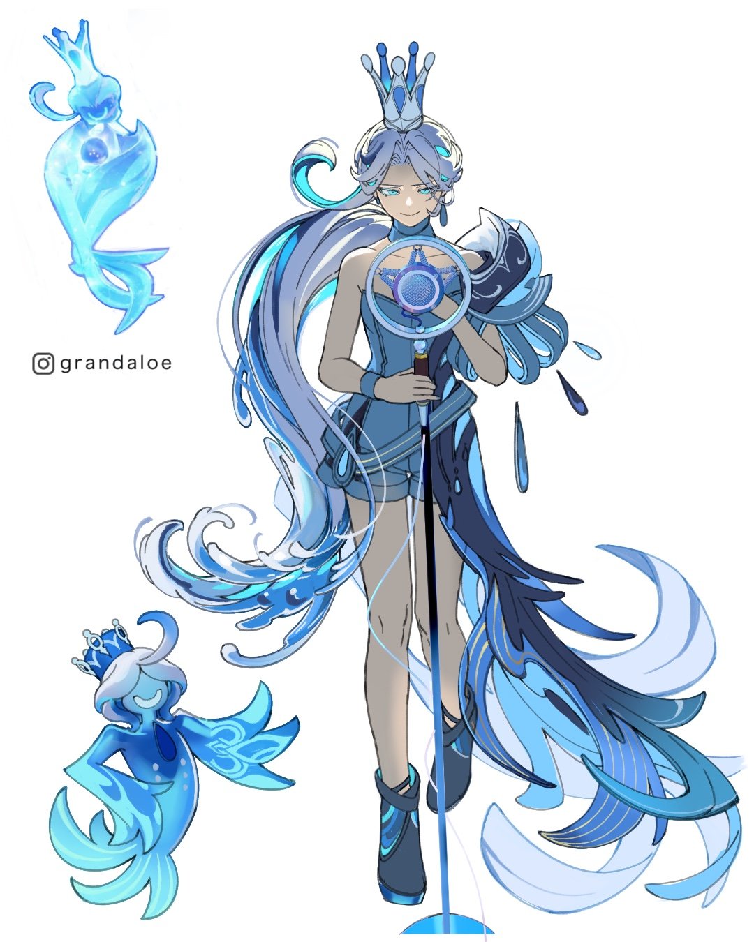grandaloe, furina (genshin impact), genshin impact, highres, 1other, androgynous, aqua eyes, asymmetrical clothes, backlighting, bare legs, bare shoulders, blue hair, crown, detached collar, earrings, familiar, flipped hair, full body, hand up, instagram logo, instagram username, jewelry, long hair, looking at viewer, microphone, microphone stand, multicolored hair, personification, shoes, short shorts, shorts, simple background, singer of many waters (genshin impact), smile, standing, straight-on, very long hair, white background, white hair, wristband