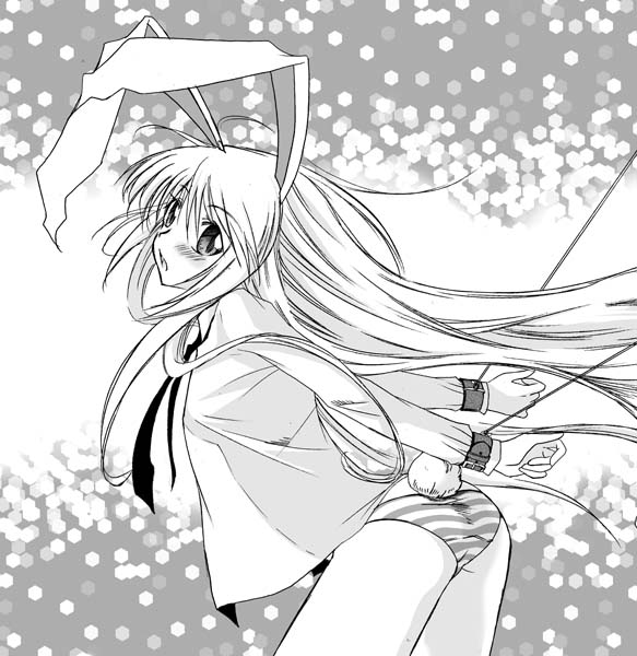 reisen udongein inaba, touhou, 1girl, animal ears, ass, bdsm, blush, bondage, bottomless, bound, cruelty to animals, female focus, greyscale, leaning forward, long hair, monochrome, no pants, panties, rabbit ears, rabbit girl, rabbit tail, solo, standing, striped clothes, striped panties, tail, underwear
