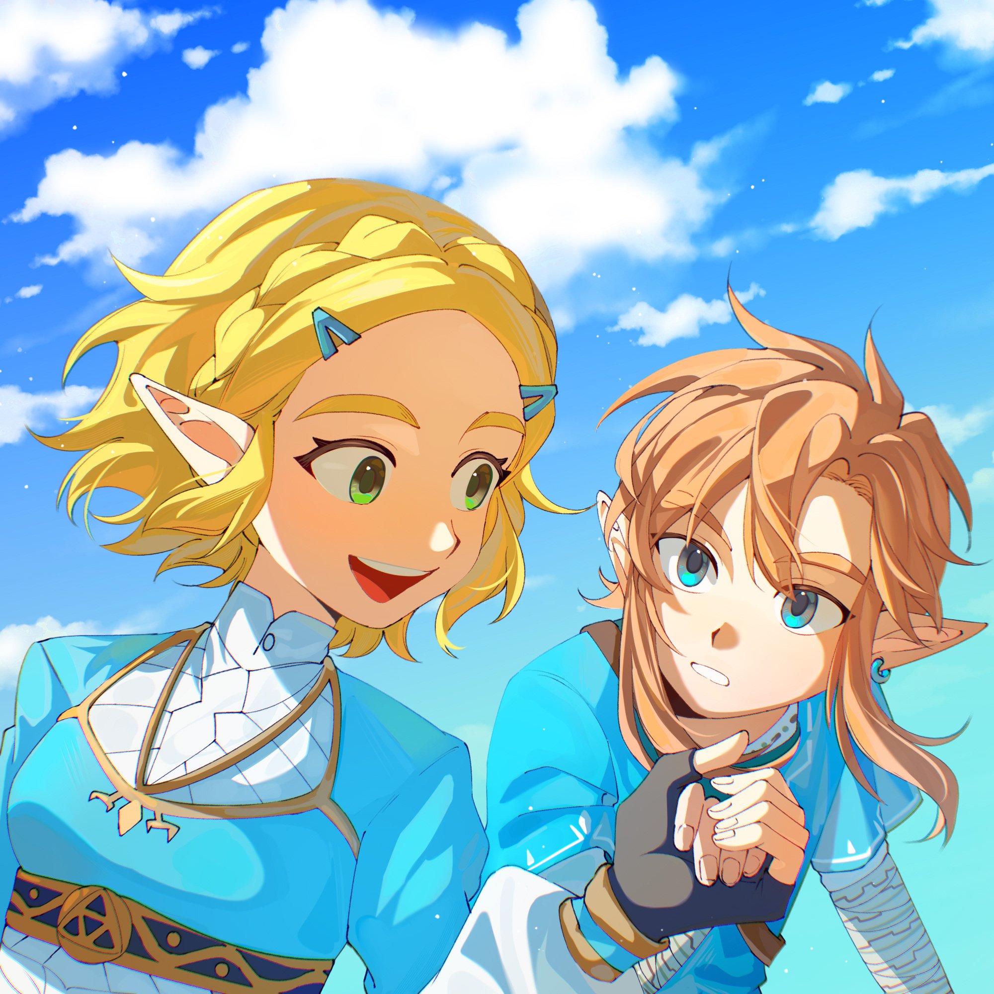 fifi (fifiwinofi), link, princess zelda, nintendo, the legend of zelda, the legend of zelda: breath of the wild, the legend of zelda: tears of the kingdom, commentary request, highres, 1boy, 1girl, black gloves, blonde hair, blue eyes, blue shirt, blue sky, braid, cloud, crown braid, fingerless gloves, fingernails, floating hair, gloves, green eyes, hair ornament, hairclip, looking at another, open mouth, outdoors, pointy ears, shirt, short hair, sidelocks, sky, smile, teeth, upper teeth only