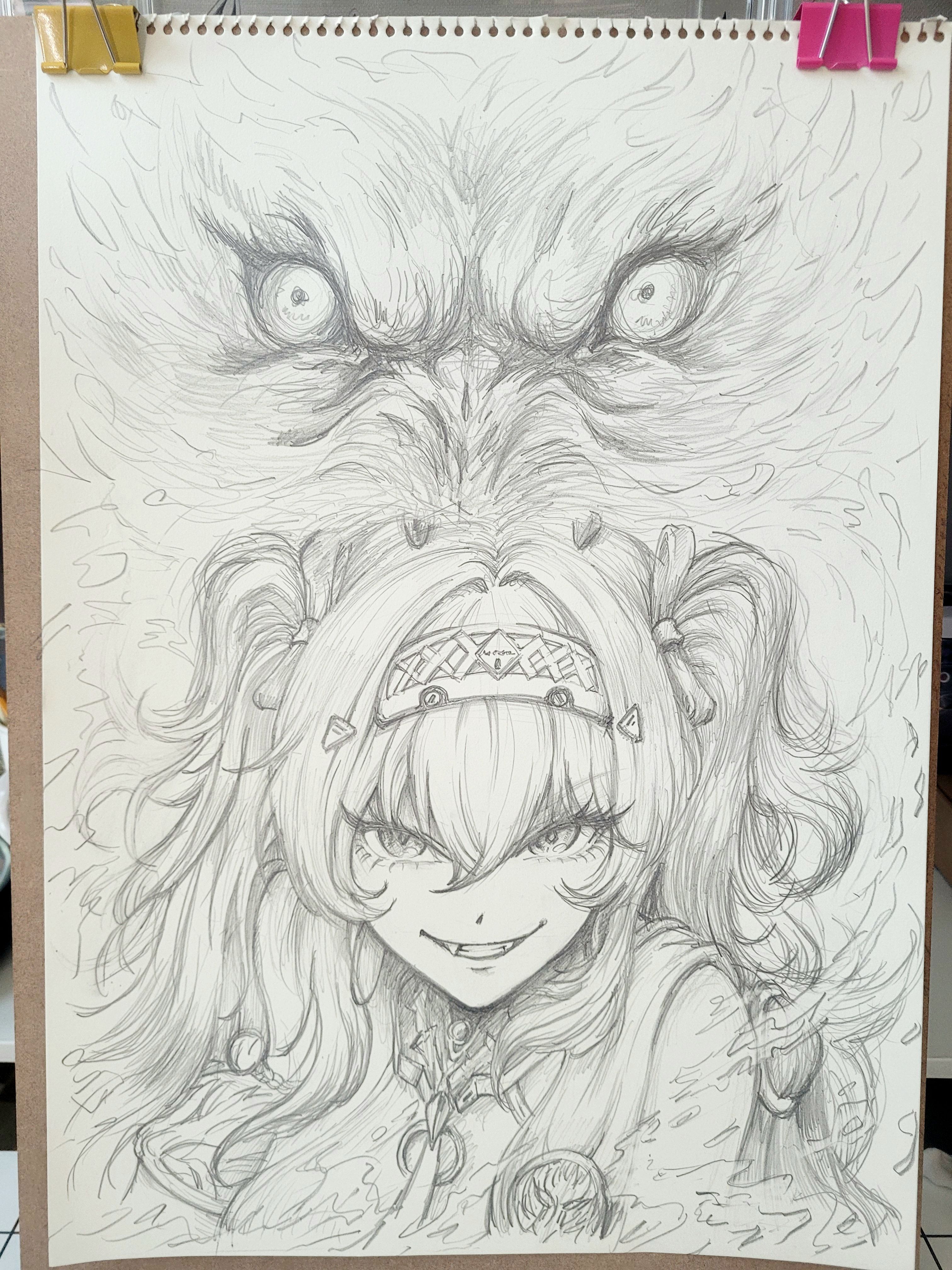 papatouch, lupa (wuthering waves), wuthering waves, absurdres, graphite (medium), highres, traditional media, 1girl, animal, armlet, bow, breasts, collar, grin, hair between eyes, hair bow, hair ornament, hairband, jewelry, long hair, looking at viewer, medium breasts, missing commentary, multiple hair bows, portrait, smile, solo, straight-on, twintails, wolf