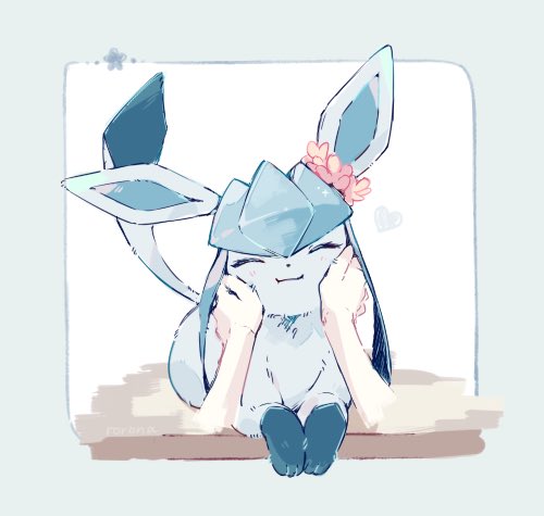 glaceon, nintendo, pokemon, commentary request, lowres, blush, closed eyes, closed mouth, flower, gen 4 pokemon, heart, lying, petting, pokemon (creature), roronavoice, smile, solo, star (symbol)