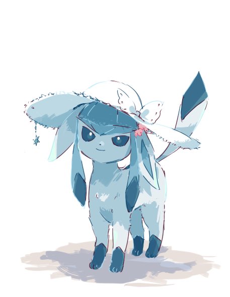 glaceon, nintendo, pokemon, commentary request, blue eyes, closed mouth, gen 4 pokemon, hat, no humans, pokemon (creature), roronavoice, smile, solo, standing, white background, white hat