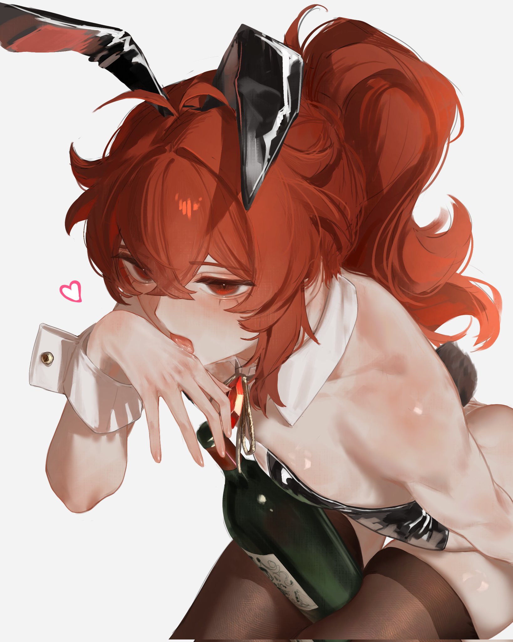zehuij, diluc (genshin impact), genshin impact, highres, 1boy, animal ears, black leotard, bottle, brown thighhighs, fake animal ears, fake tail, hair between eyes, leotard, long hair, male focus, open mouth, playboy bunny, ponytail, rabbit ears, rabbit tail, red eyes, red hair, solo, tail, thighhighs, tongue, tongue out, wine bottle