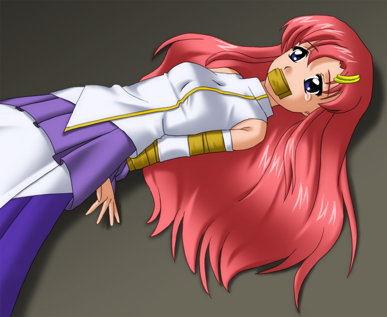 kannazuki okuto, lacus clyne, gundam, gundam seed, 00s, 1girl, arms behind back, bdsm, blue eyes, bondage, bound, bound arms, female focus, gag, gagged, improvised gag, lying, on back, pink hair, seed, solo, tape, tape gag