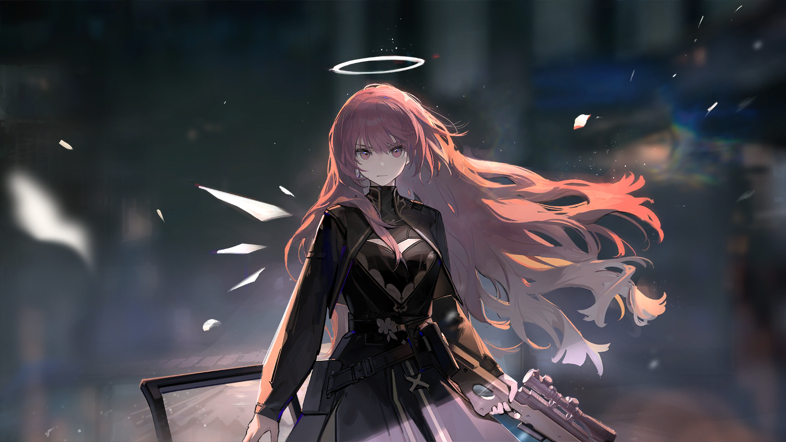 lemuen (arknights), arknights, game cg, highres, official art, third-party source, >:(, 1girl, ai arctic warfare, belt pouch, black dress, black jacket, bolt action, closed mouth, detached wings, dress, energy wings, floating hair, gun, halo, holding, holding gun, holding weapon, jacket, long hair, long sleeves, looking at viewer, pink eyes, pink hair, pouch, rifle, sniper rifle, solo, standing, v-shaped eyebrows, very long hair, weapon, wings