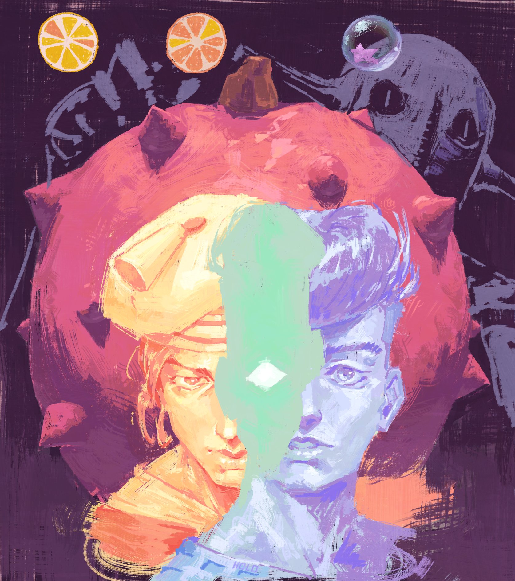holo303, kira yoshikage (jojolion), soft & wet, jojo no kimyou na bouken, jojolion, highres, 2boys, alternate color, bubble, hat, kujo josefumi, locacaca, looking at viewer, male focus, multiple boys, overlapped images, pompadour, sailor, sailor hat, short hair, star (symbol), venn diagram