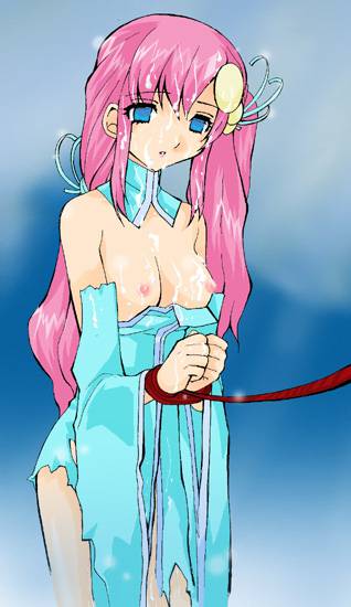 lacus clyne, gundam, gundam seed, 00s, 1girl, assisted exposure, bdsm, bondage, bound, breasts, cum, cum on body, detached collar, facial, female focus, nipples, solo, torn clothes, torn sleeves