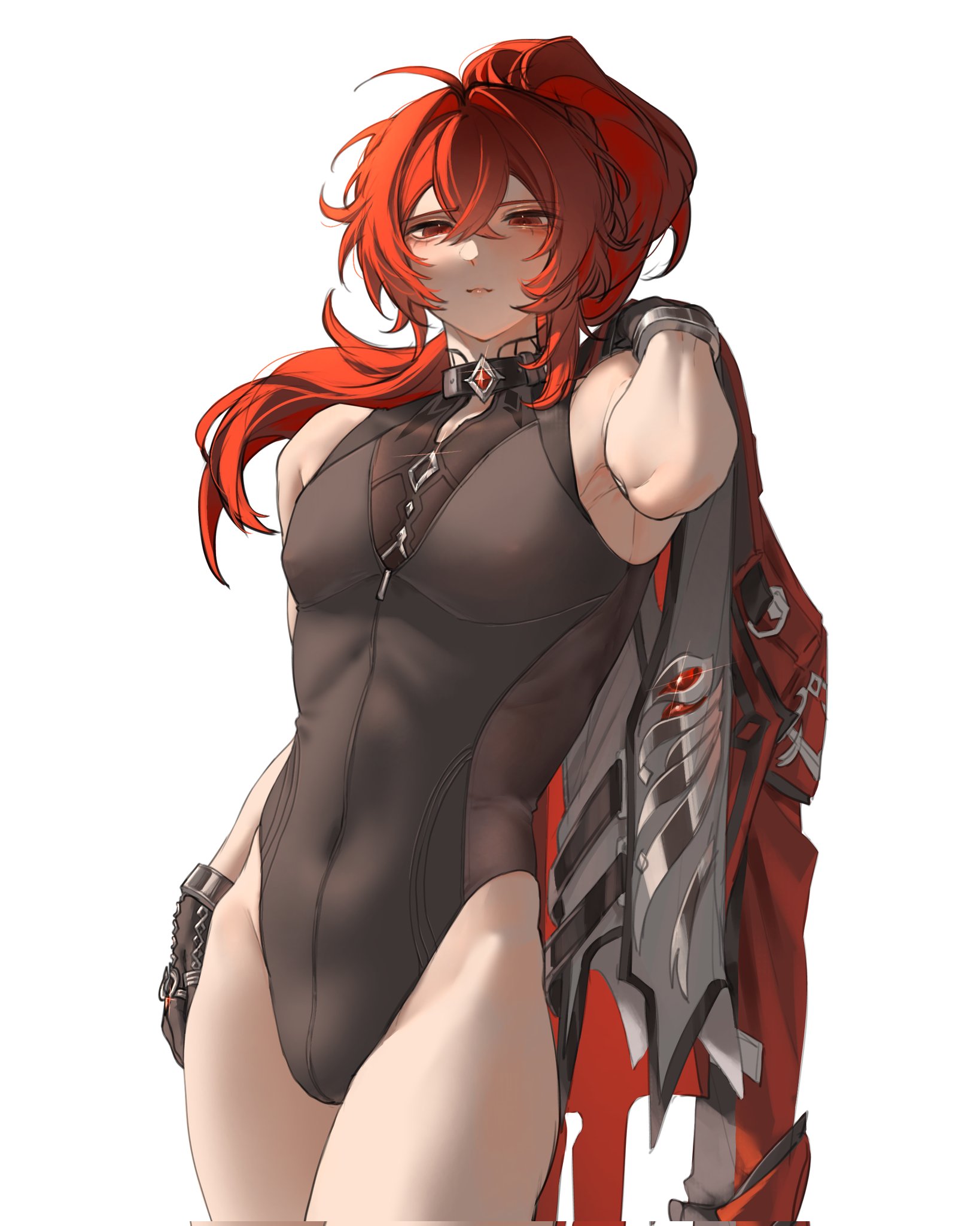 zehuij, diluc (genshin impact), diluc (red dead of night) (genshin impact), genshin impact, highres, 1boy, black collar, black leotard, closed mouth, coat, collar, gloves, hair between eyes, leotard, long hair, male focus, ponytail, red coat, red eyes, red hair, solo, unworn coat, white background