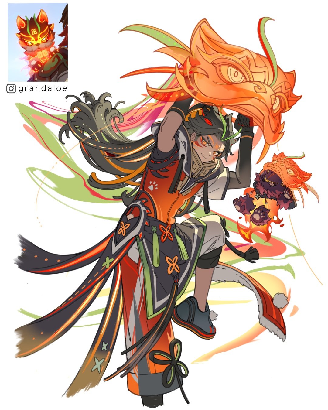 grandaloe, gaming (genshin impact), man chai (genshin impact), genshin impact, highres, 1boy, arms up, asymmetrical clothes, asymmetrical sleeves, black hair, chinese guardian lion, closed mouth, earrings, facial mark, fire, foot out of frame, gloves, glowing, glowing hair, green hair, holding, jewelry, lion dance, long hair, looking at viewer, male focus, multicolored hair, orange eyes, orange hair, pants, personification, pom pom (clothes), red hair, shirt, shoes, simple background, smile, standing, standing on one leg, very long hair, white background