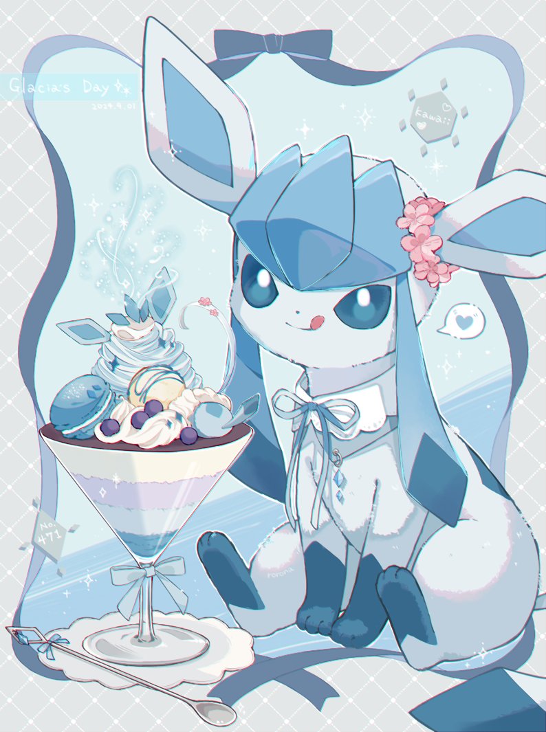 glaceon, nintendo, pokemon, commentary request, blue eyes, blue ribbon, blueberry, flower, food, fruit, gen 4 pokemon, glass, heart, ice cream, jewelry, licking lips, macaron, necklace, no humans, pokemon (creature), ribbon, roronavoice, sitting, smile, spoon, tongue, tongue out, whipped cream