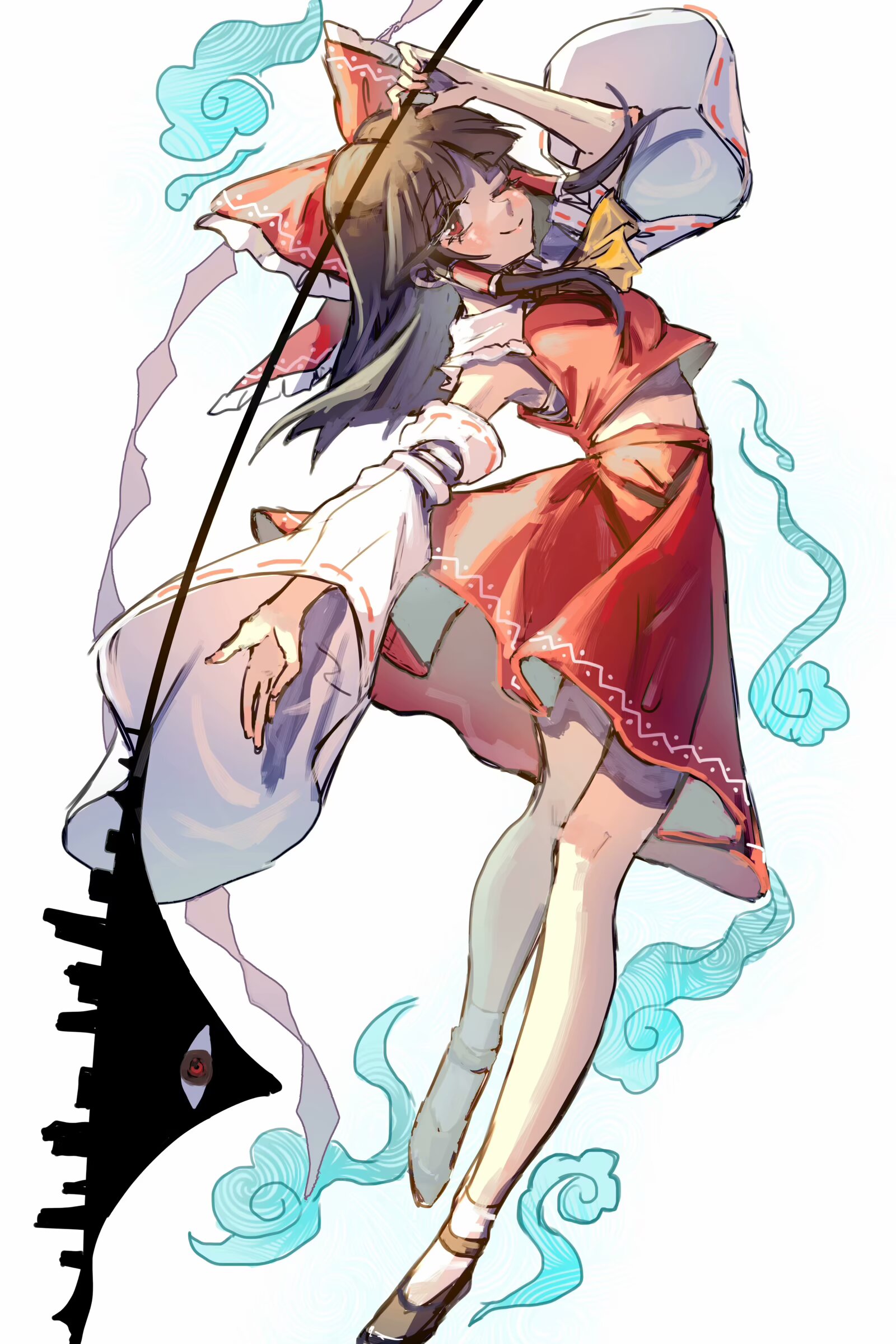 shouxishao jiuyuan, hakurei reimu, fossilized wonders, touhou, commentary, highres, 1girl, ascot, black shoes, bow, brown eyes, brown hair, closed mouth, detached sleeves, frilled bow, frilled hair tubes, frills, full body, gohei, hair bow, hair tubes, holding, holding gohei, long hair, looking at viewer, one eye closed, red bow, red skirt, ribbon-trimmed sleeves, ribbon trim, shoes, skirt, skirt set, smile, socks, solo, white socks, yellow ascot