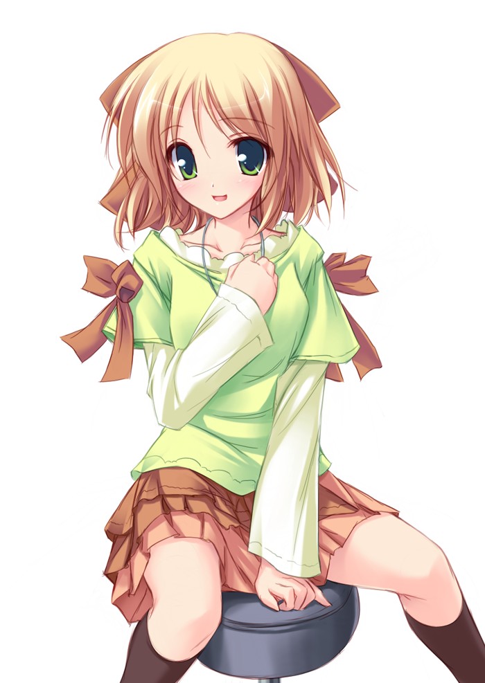 tenmaso, kohinata sumomo, happiness!, 00s, 1girl, between legs, blonde hair, blush, bow, brown skirt, chair, collarbone, embarrassed, female focus, frilled skirt, frills, green eyes, green shirt, hand between legs, jewelry, long sleeves, looking at viewer, necklace, open mouth, shirt, short hair, simple background, skirt, solo, wavy mouth, white background