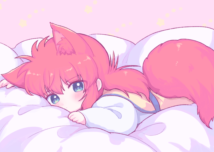 morishi (bearxforest), kurama (yu yu hakusho), yuu yuu hakusho, commentary request, 1boy, aged down, animal ears, blue eyes, blue sash, blush, chinese clothes, expressionless, fox boy, fox ears, fox tail, kemonomimi mode, long hair, long sleeves, looking at viewer, lying, male focus, on bed, on stomach, pastel colors, pink background, red fur, red hair, sash, shirt, solo, tail, upper body, white shirt