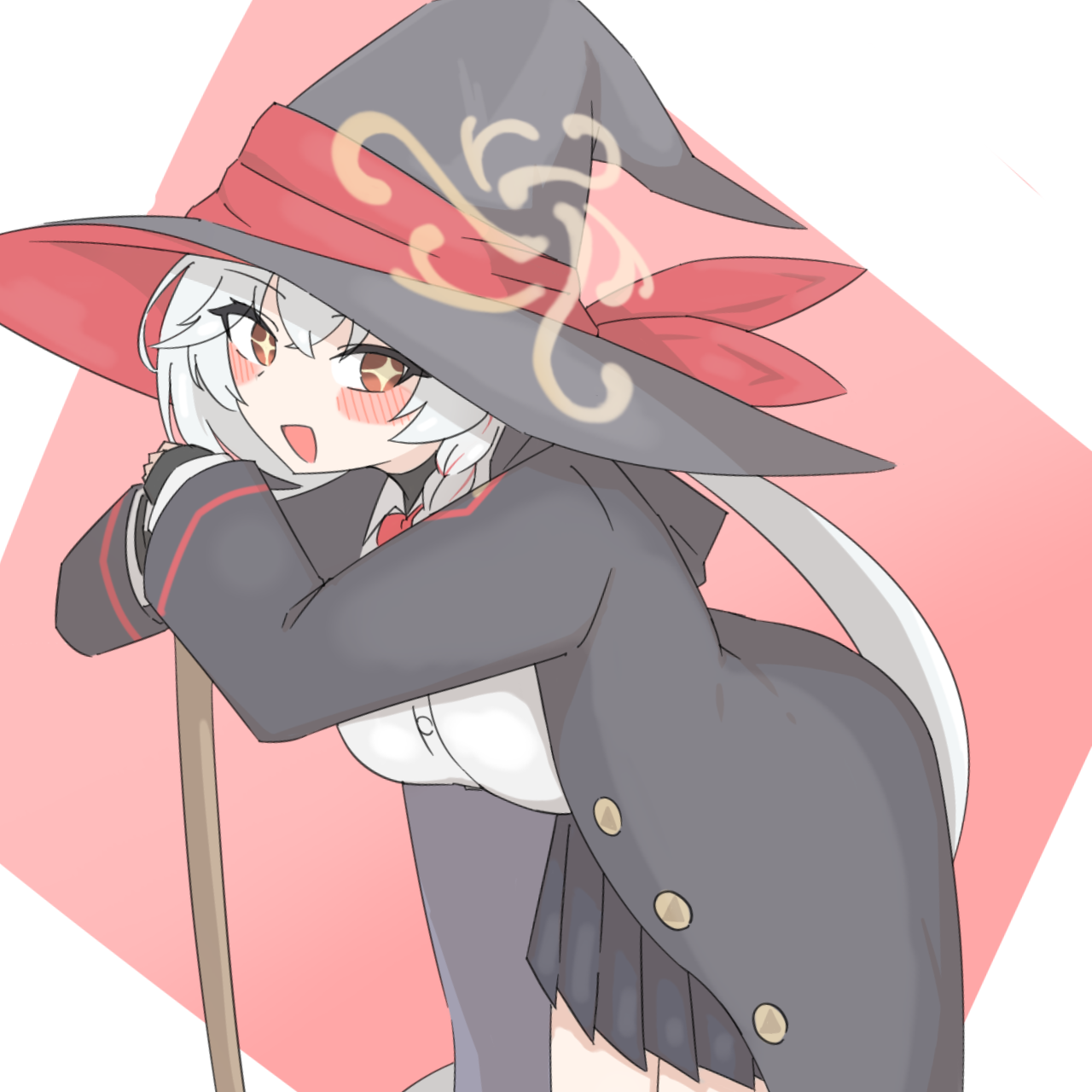 eri (blue archive), blue archive, bow, bowtie, braid, halo, hat, jacket, leaning on object, long coat, long hair, shirt, skirt, sweater, white hair, witch hat