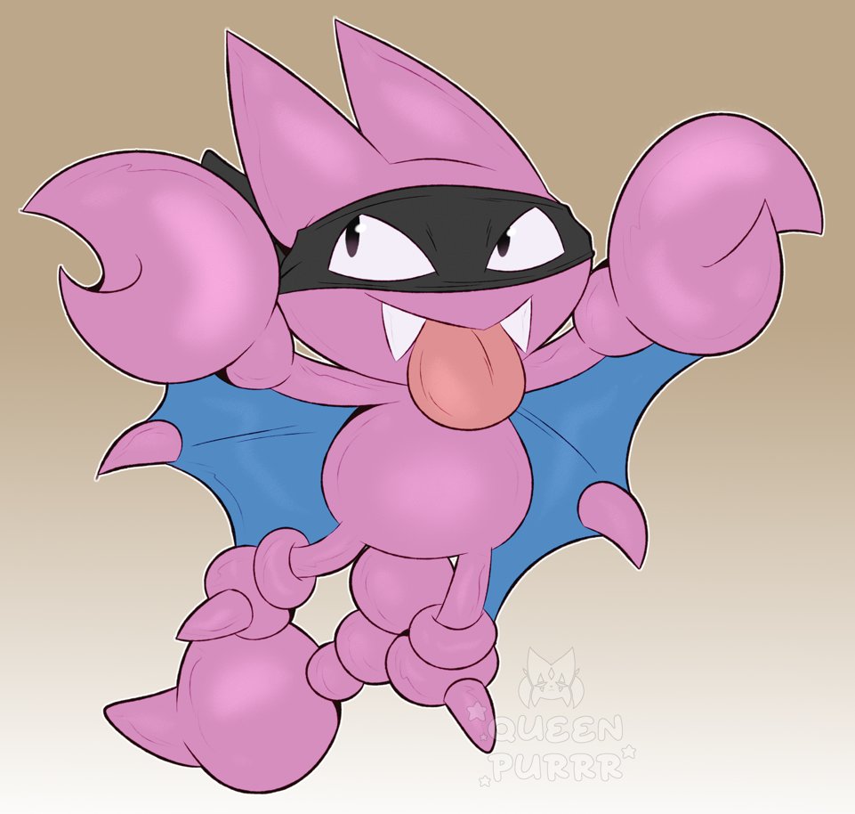 queen purrr, gligar, nintendo, pokemon, commission, animal focus, artist name, brown background, closed mouth, domino mask, fangs, fangs out, full body, gen 2 pokemon, gradient background, looking to the side, mask, no humans, outline, pokemon (creature), purple eyes, simple background, solo, tongue, tongue out, watermark, white outline