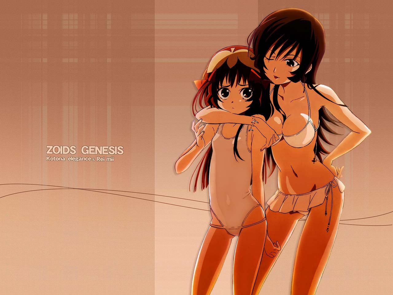 sakai kyuuta, kotona elegance, re mii, zoids, zoids genesis, official art, official wallpaper, 00s, 2girls, :<, ;d, age difference, bikini, bikini skirt, blue hair, bracelet, breasts, brown hair, cleavage, hair ornament, hair ribbon, hand on own hip, hug, hug from behind, jewelry, large breasts, lipstick, long hair, makeup, multiple girls, navel, one-piece swimsuit, one eye closed, open mouth, pinky out, red lips, ribbon, school swimsuit, side-tie bikini bottom, smile, standing, swimsuit, water, white bikini, white one-piece swimsuit, white school swimsuit, wink