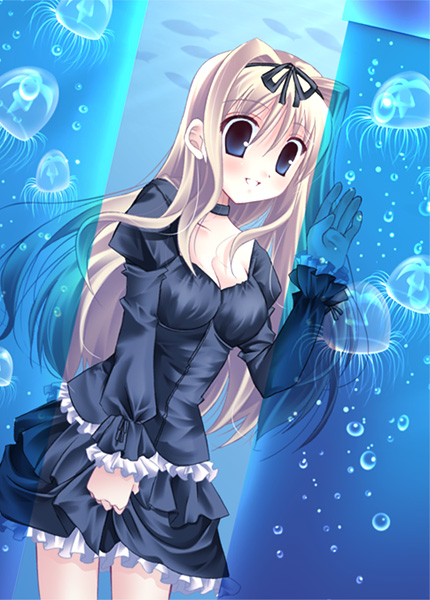 kujira (knave), kusugawa sasara, to heart (series), to heart 2, 00s, 1girl, air bubble, animal, aquarium, black dress, blonde hair, blue eyes, breasts, bubble, choker, cleavage, dress, dutch angle, female focus, frilled dress, frills, hair ribbon, jellyfish, layered dress, long hair, looking at viewer, ribbon, skirt hold, solo, water, waving