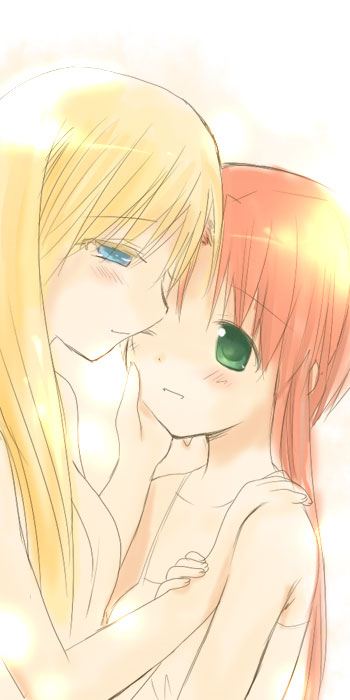 kayune niu, kayuumi, alicia florence, mizunashi akari, aria (manga), 00s, 2girls, blonde hair, blue eyes, green eyes, multiple girls, orange hair, yuri