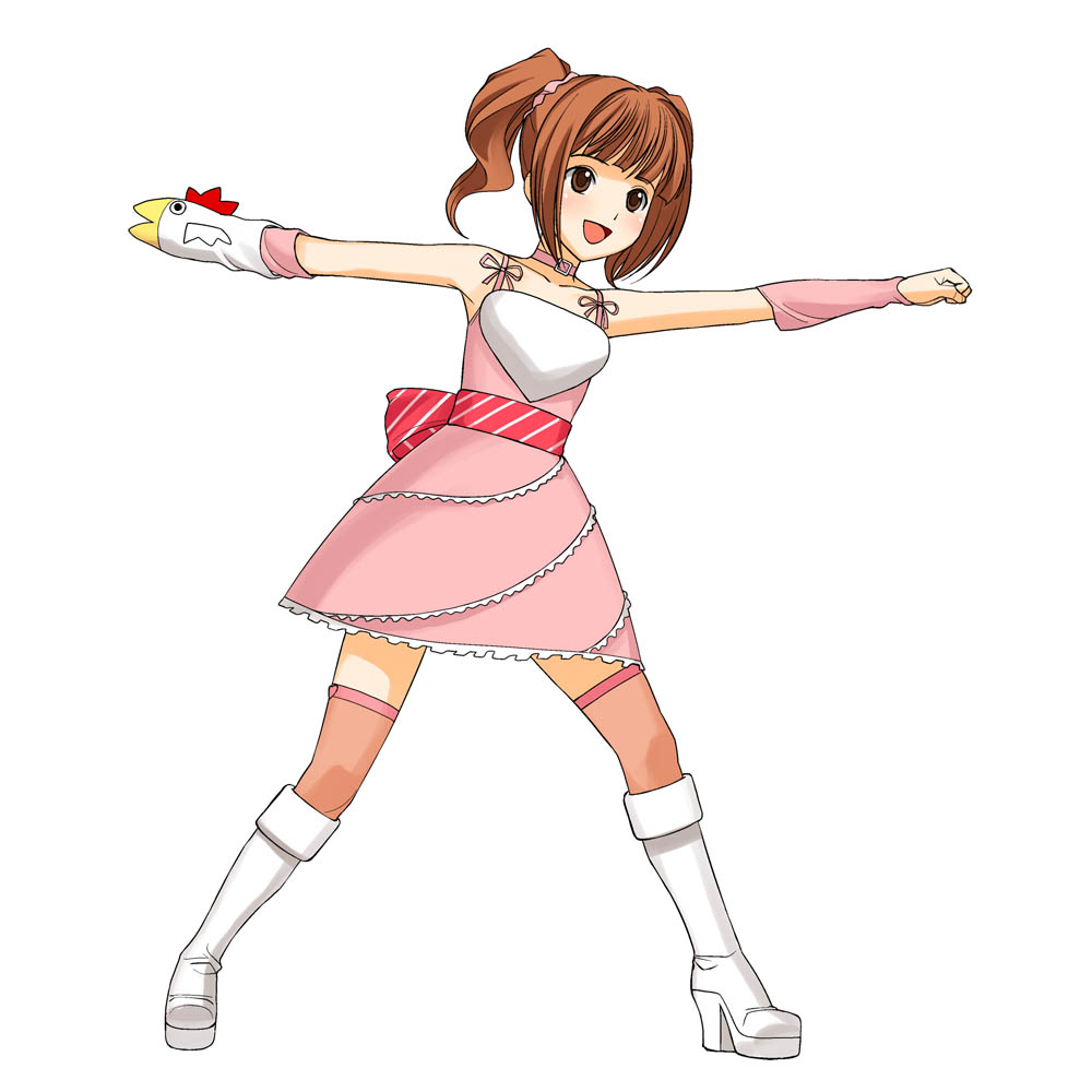 a1 (initial-g), takatsuki yayoi, idolmaster, idolmaster (classic), idolmaster 1, 00s, 1girl, brown eyes, brown hair, cute & girly (idolmaster), female focus, open mouth, snow strawberry, solo, thighhighs, twintails