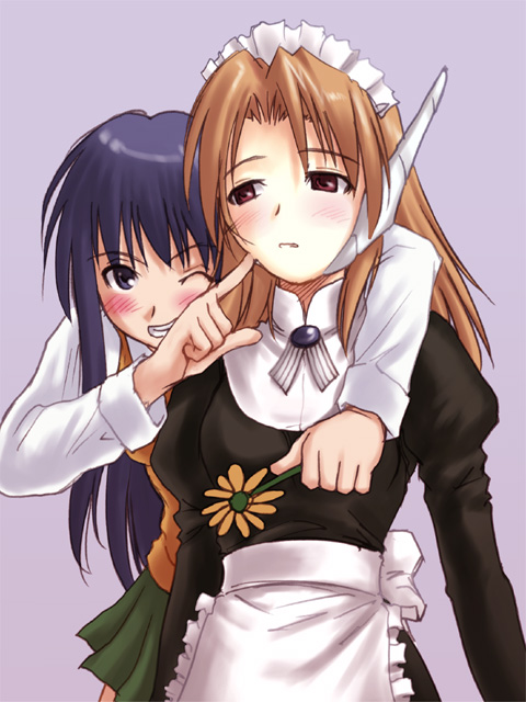 sakaki imasato, kurusugawa ayaka, serio (to heart), to heart, to heart (series), 2girls, blue eyes, blue hair, long hair, maid, multiple girls, robot ears