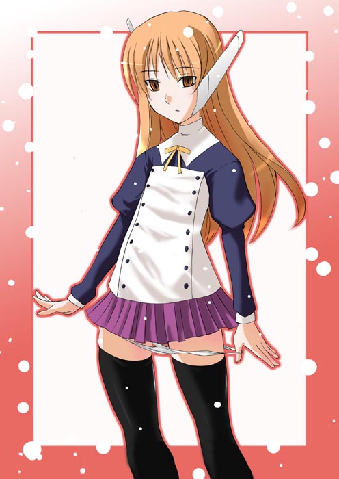 deden, ilfa (to heart), serio (to heart), to heart, to heart (series), to heart 2, 1girl, black thighhighs, blouse, brown eyes, brown hair, cosplay, crossover, female focus, ilfa (cosplay), long hair, miniskirt, panties, panty pull, parody, ribbon, robot ears, shirt, skirt, solo, standing, thighhighs, underwear, white panties