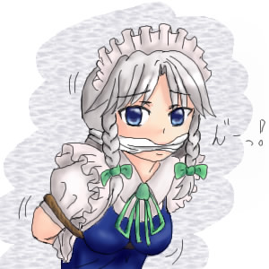 izayoi sakuya, touhou, lowres, 1girl, bdsm, bondage, bound, cleave gag, cloth gag, female focus, gag, gagged, improvised gag, maid, oekaki, rope, solo