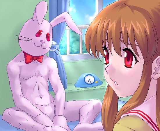 zen, nagamori mizuka, orihara kouhei, one – kagayaku kisetsu e, 00s, 1boy, 1girl, :o, animal costume, blue sky, brown hair, clock, cloud, day, indoors, nose bubble, oekaki, rabbit costume, red eyes, sky, sleeping, tree