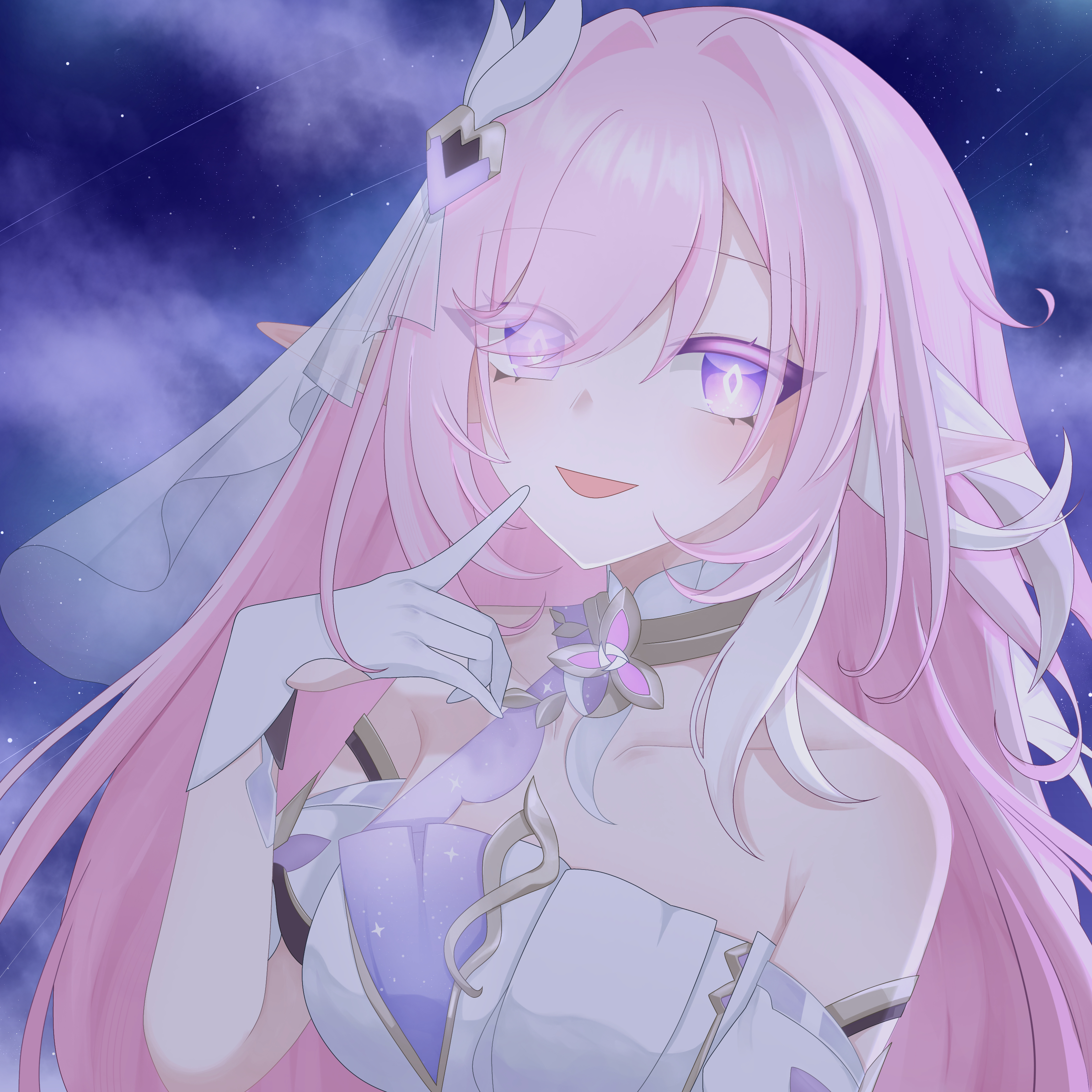 elysia (herrscher of human: ego) (honkai impact), elysia (honkai impact), honkai (series), honkai impact 3rd, absurdres, commentary request, highres, 1girl, bare shoulders, breasts, corset, diamond-shaped pupils, diamond (shape), elf, gloves, large breasts, long hair, looking at viewer, parted lips, pink hair, pointy ears, purple eyes, purple sky, r0302, sky, smile, solo, symbol-shaped pupils, triquetra, upper body, veil, very long hair, white corset, white gloves, white veil