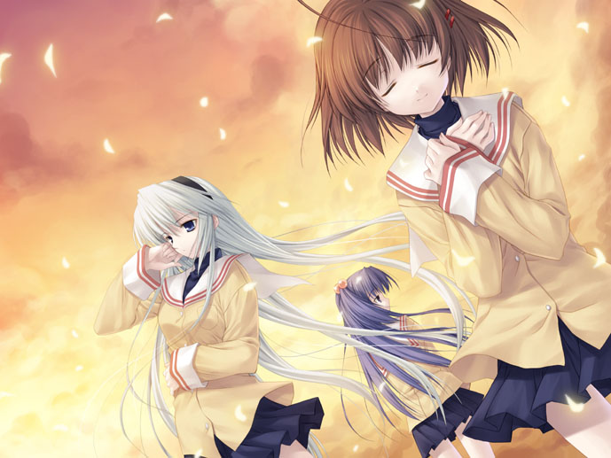 hagure keg, furukawa nagisa, ichinose kotomi, sakagami tomoyo, clannad, 00s, 3girls, antenna hair, blazer, blue hair, brown hair, cherry blossoms, cloud, cloudy sky, hair bobbles, hair ornament, hairband, jacket, long hair, multiple girls, pleated skirt, school uniform, serafuku, skirt, sky, sunset, two side up, white hair