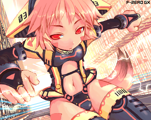 shigatake, golden fox, f-zero, f-zero gx, nintendo, lowres, 1girl, aeropolis multiplex, copyright name, female focus, mecha musume, oekaki, personification, solo, thighhighs