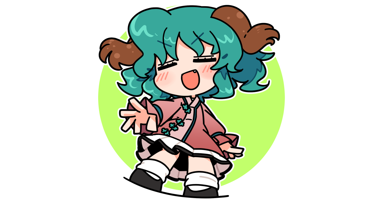 ini (inunabe00), kasodani kyouko, touhou, commentary, 1girl, :d, animal ears, black shoes, blush, brown dress, chibi, chibi only, closed eyes, dog ears, dog girl, dress, facing viewer, fang, frilled dress, frills, full body, green hair, long sleeves, open mouth, outstretched arm, shoes, short hair, smile, socks, solo, standing, v-shaped eyebrows, white socks
