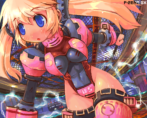 shigatake, fire stingray, f-zero, f-zero gx, nintendo, lowres, 1girl, blonde hair, blue eyes, female focus, lightning halfpipe, long hair, mecha musume, oekaki, personification, solo, thighhighs, twintails