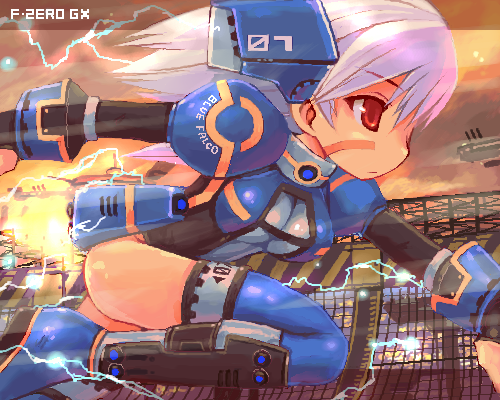 shigatake, blue falcon, f-zero, f-zero gx, nintendo, lowres, 1girl, armor, ass, electricity, female focus, floating, hair ornament, mecha musume, oekaki, personification, porttown longpipe, racing, red eyes, solo, sparks, thighhighs, typo, white hair, zettai ryouiki