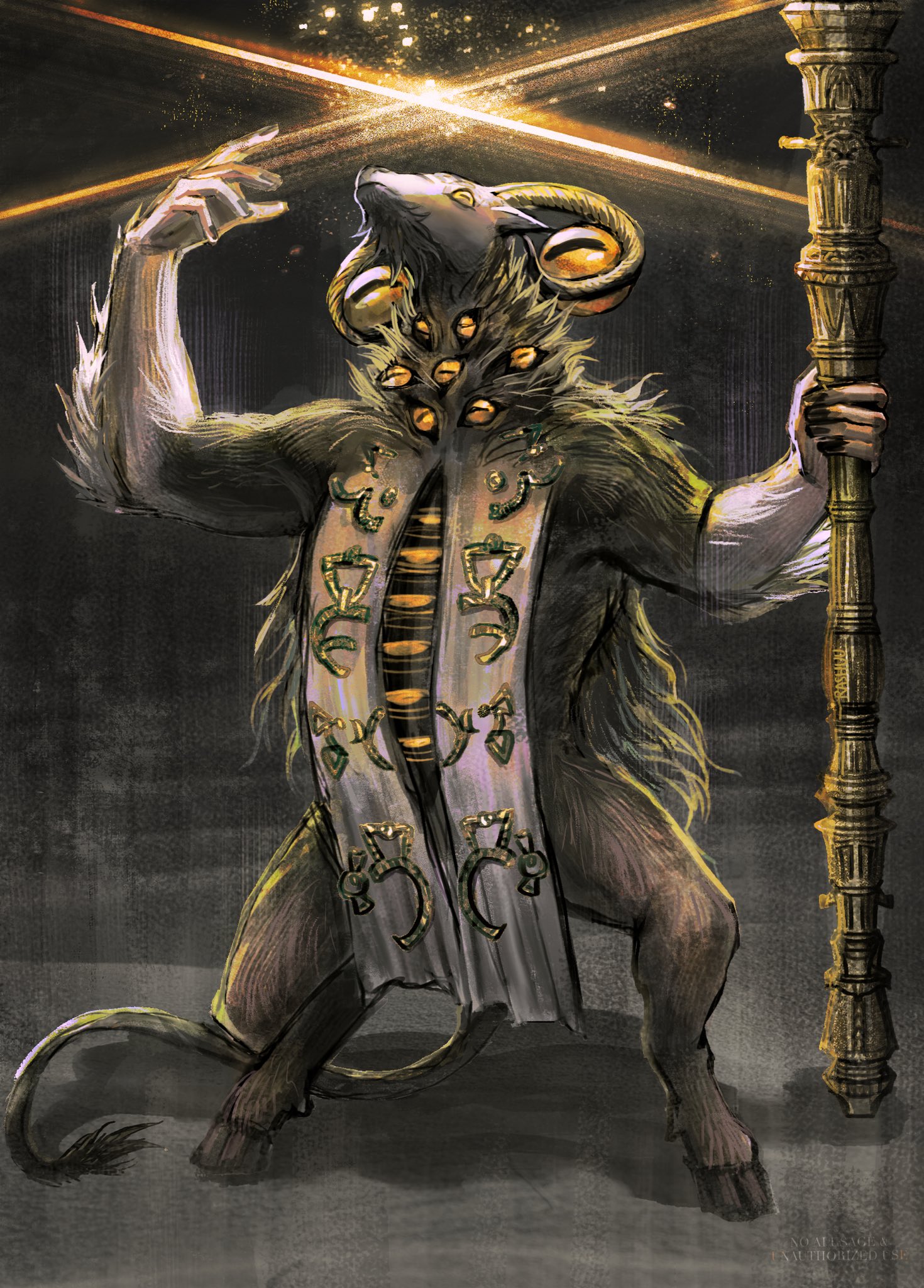 rashuu, libra (elden ring), elden ring, elden ring nightreign, highres, black background, extra eyes, full body, goat horns, goat legs, holding, holding staff, hooves, horizontal pupils, horns, looking up, mage staff, monster, monster focus, solo, staff, standing, tail, very big eyes