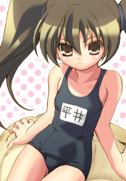 hirai yukari, shana, shakugan no shana, 00s, 1girl, black one-piece swimsuit, female focus, name tag, one-piece swimsuit, school swimsuit, solo, swimsuit
