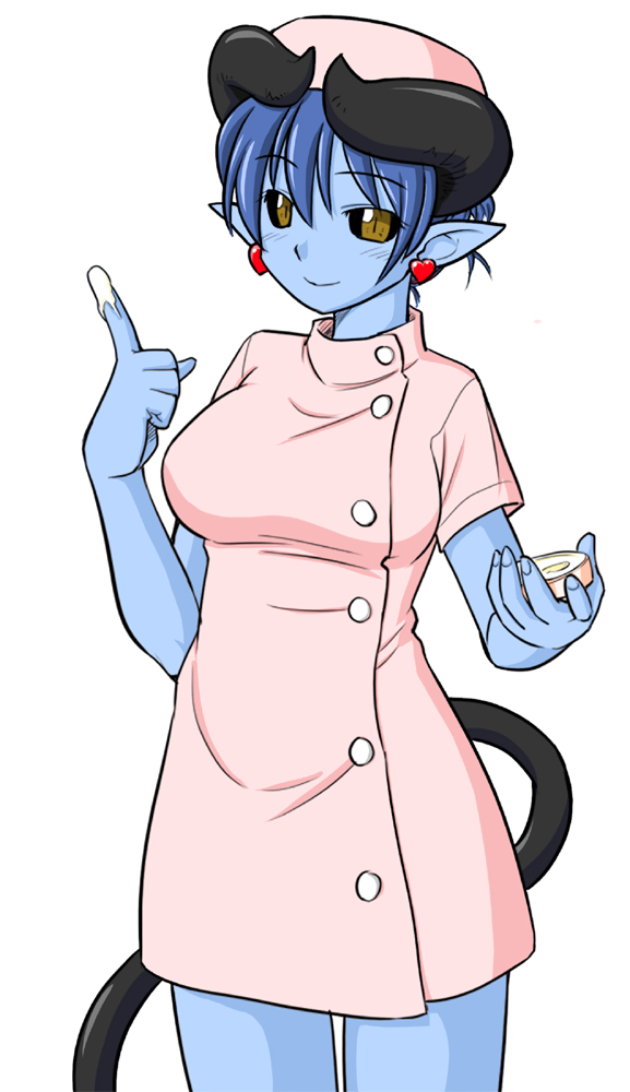 tsuda nanafushi, astaroth (shinrabanshou), shinrabanshou, 1girl, black sclera, blue hair, blue skin, colored sclera, colored skin, earrings, female focus, heart, heart earrings, horns, jewelry, nurse, pointy ears, solo, tail, yellow eyes