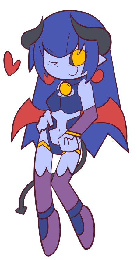 astaroth (shinrabanshou), shinrabanshou, tagme, black sclera, blue skin, chibi, colored sclera, colored skin, solo, thighhighs