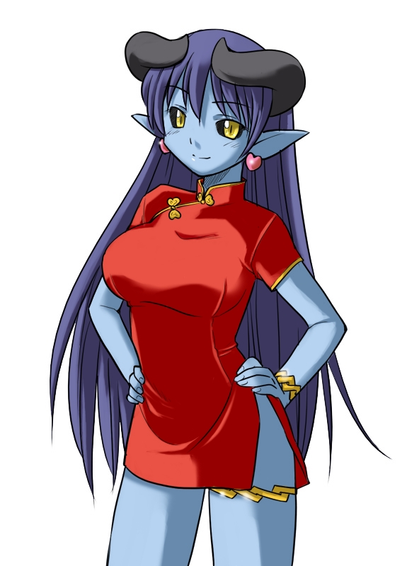 tsuda nanafushi, astaroth (shinrabanshou), shinrabanshou, 1girl, black sclera, blue hair, blue skin, breasts, china dress, chinese clothes, colored sclera, colored skin, dress, earrings, female focus, hands on own hips, heart, heart earrings, horns, jewelry, large breasts, long hair, solo, very long hair