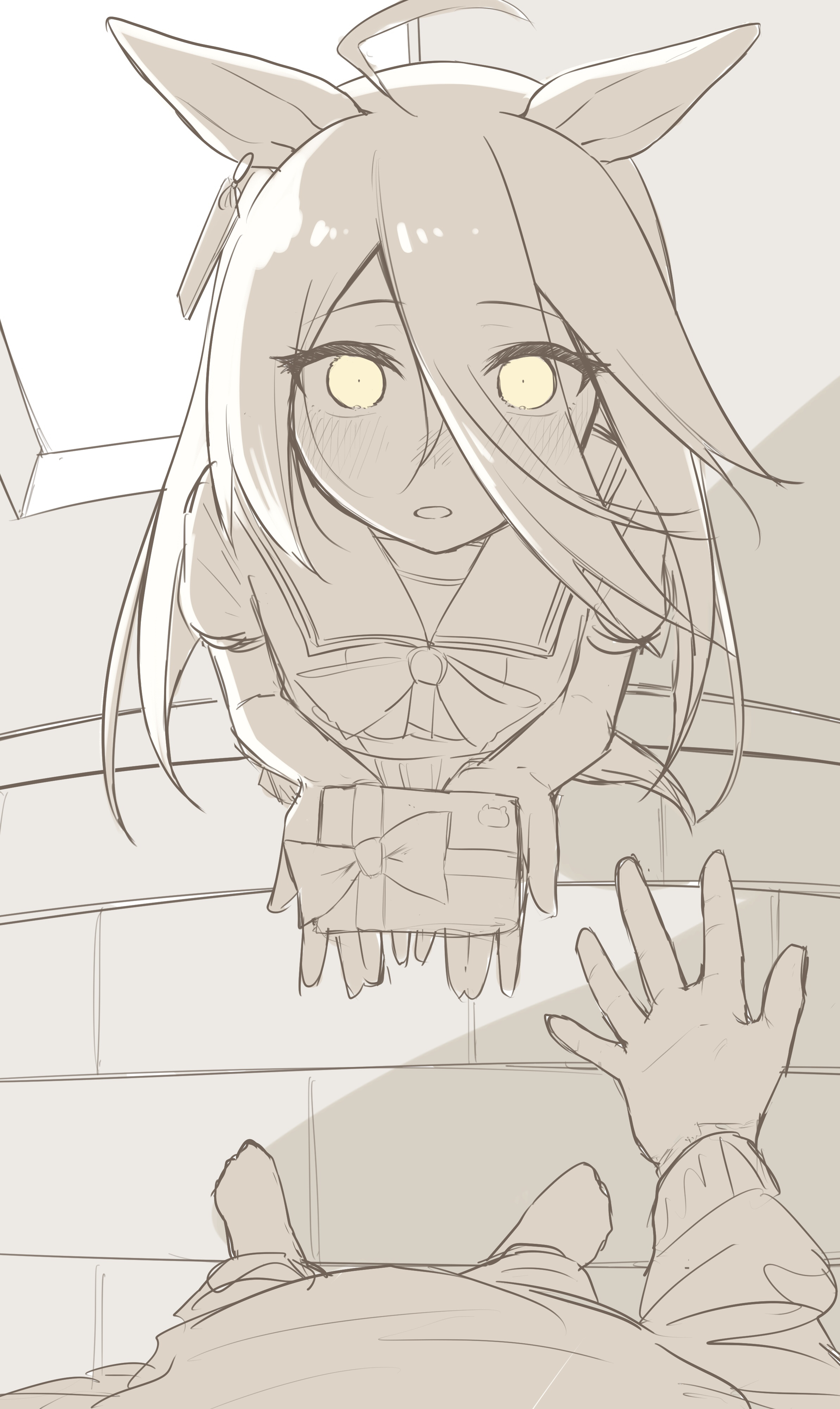 luca (luca 0520), manhattan cafe (umamusume), trainer (umamusume), umamusume, absurdres, highres, 1boy, 1girl, ahoge, animal ears, blush, bow, bowtie, box, ear ornament, ear piercing, ear tag, earrings, gift, greyscale, hair between eyes, height difference, holding, holding gift, horse ears, horse girl, horse tail, incoming gift, jewelry, long bangs, long hair, long hair between eyes, long sleeves, looking at viewer, monochrome, parted lips, piercing, pov, puffy short sleeves, puffy sleeves, sailor collar, school uniform, short sleeves, single earring, standing, tail, tracen school uniform, valentine, very long hair