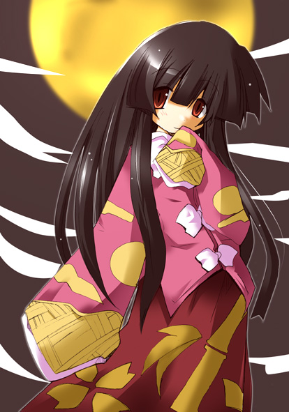 shirogane (platinum), houraisan kaguya, touhou, 1girl, black hair, brown eyes, female focus, full moon, long hair, long sleeves, moon, red eyes, sleeves past wrists, solo