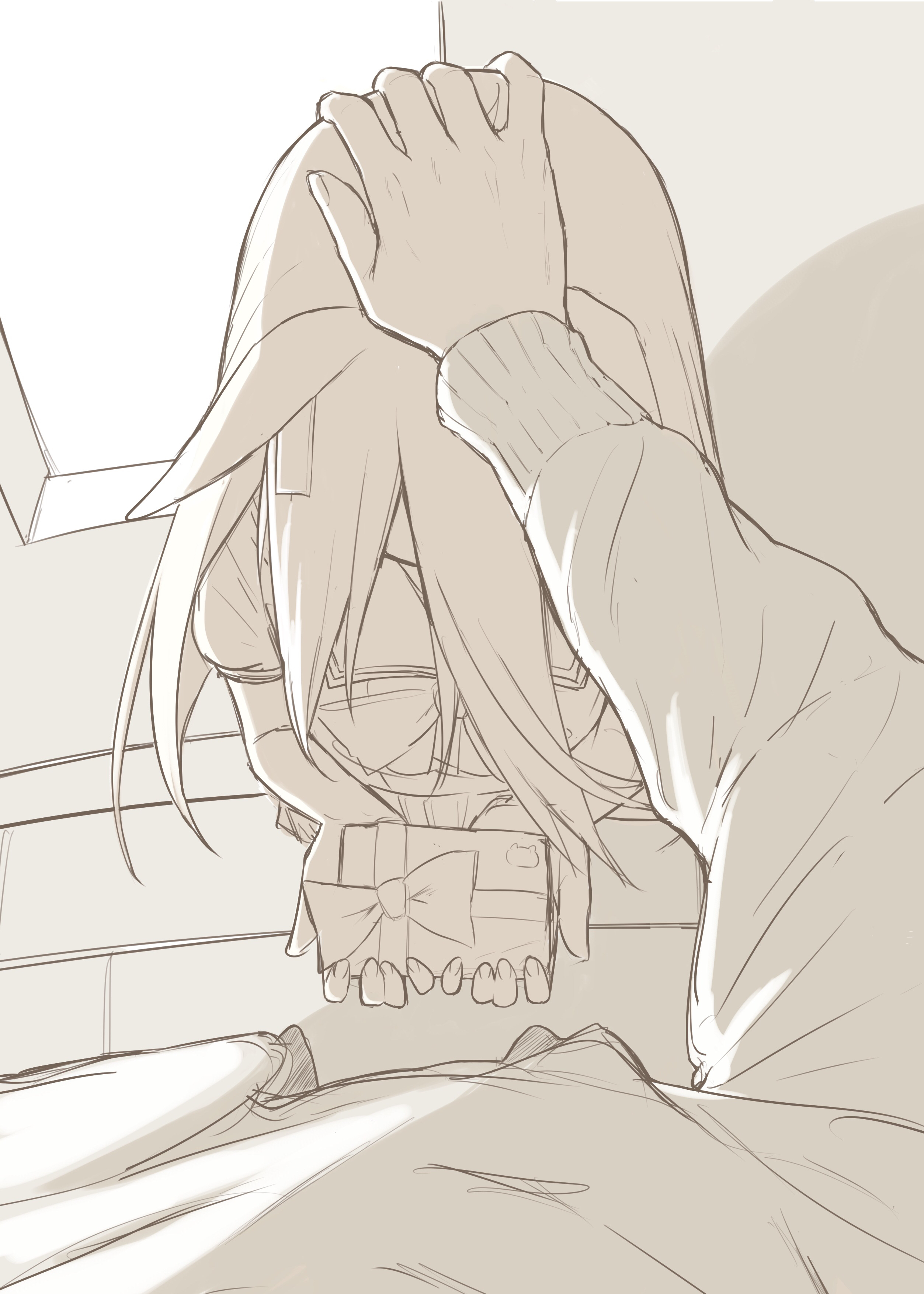 luca (luca 0520), manhattan cafe (umamusume), trainer (umamusume), umamusume, absurdres, highres, 1boy, 1girl, ahoge, animal ears, bow, bowtie, box, ear ornament, ear piercing, ear tag, earrings, gift, greyscale, hair between eyes, headpat, height difference, holding, holding gift, horse ears, horse girl, horse tail, incoming gift, jewelry, long bangs, long hair, long hair between eyes, long sleeves, monochrome, piercing, pov, puffy short sleeves, puffy sleeves, sailor collar, school uniform, short sleeves, single earring, standing, tail, tracen school uniform, valentine, very long hair